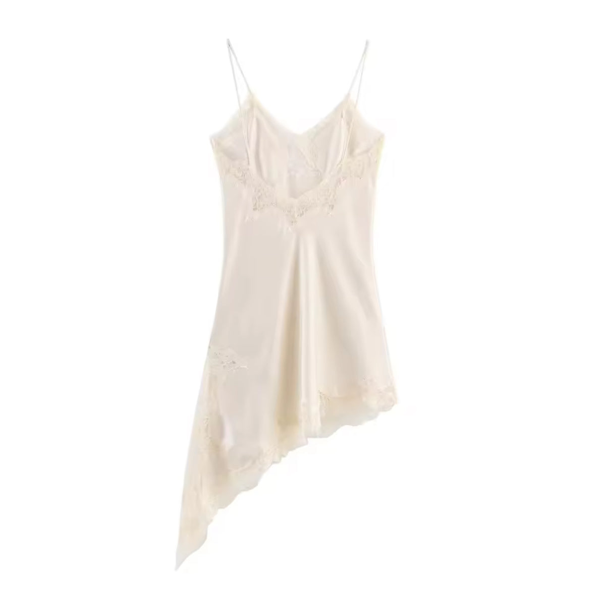 Asymmetric B&W Satin Lace Slip Dress