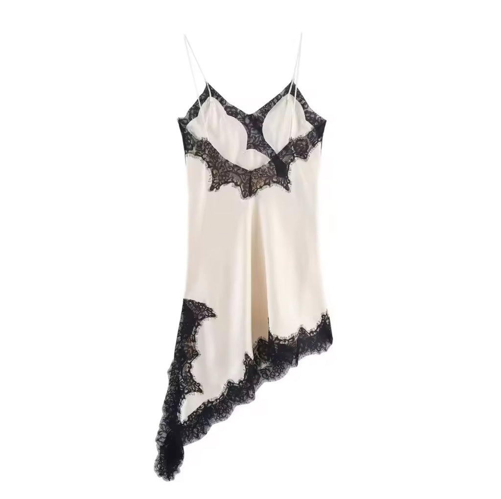 Asymmetric B&W Satin Lace Slip Dress