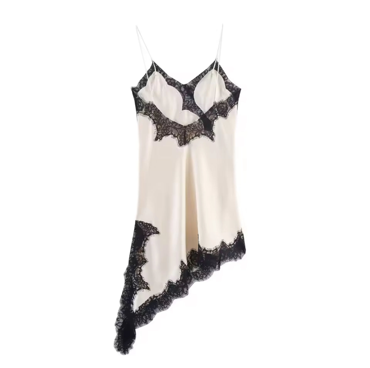Asymmetric B&W Satin Lace Slip Dress