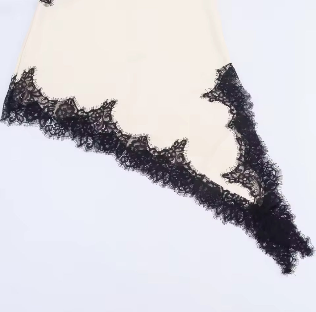 Asymmetric B&W Satin Lace Slip Dress