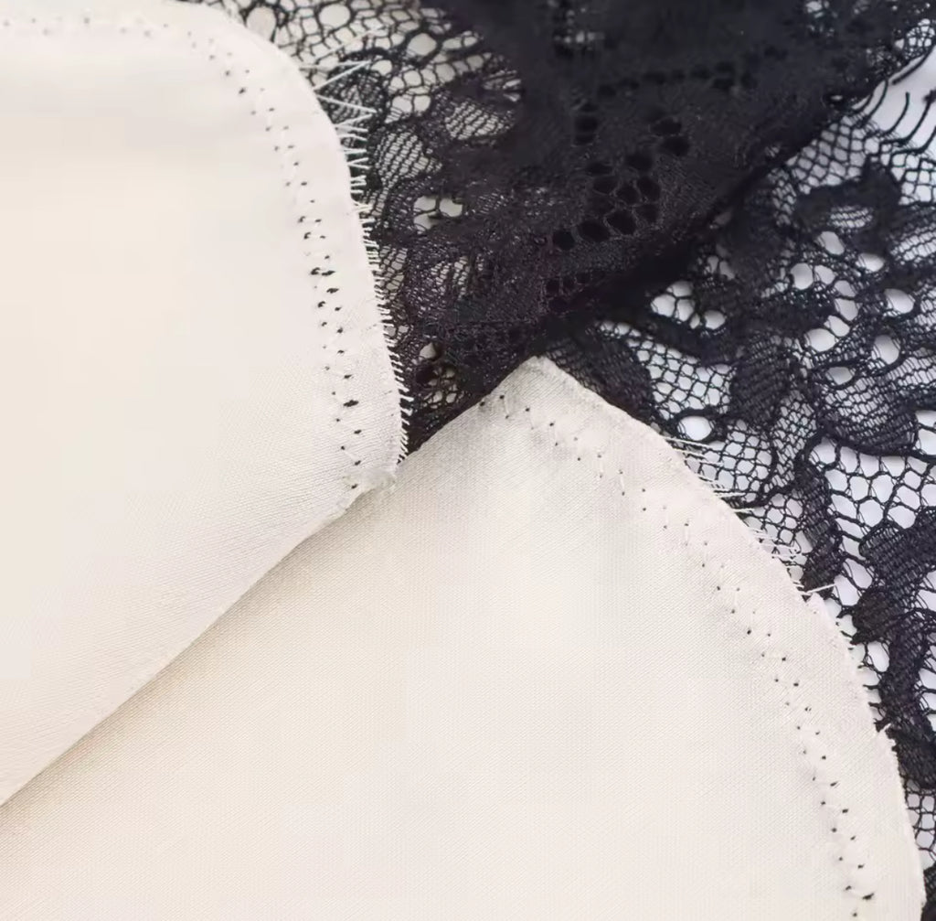 Asymmetric B&W Satin Lace Slip Dress