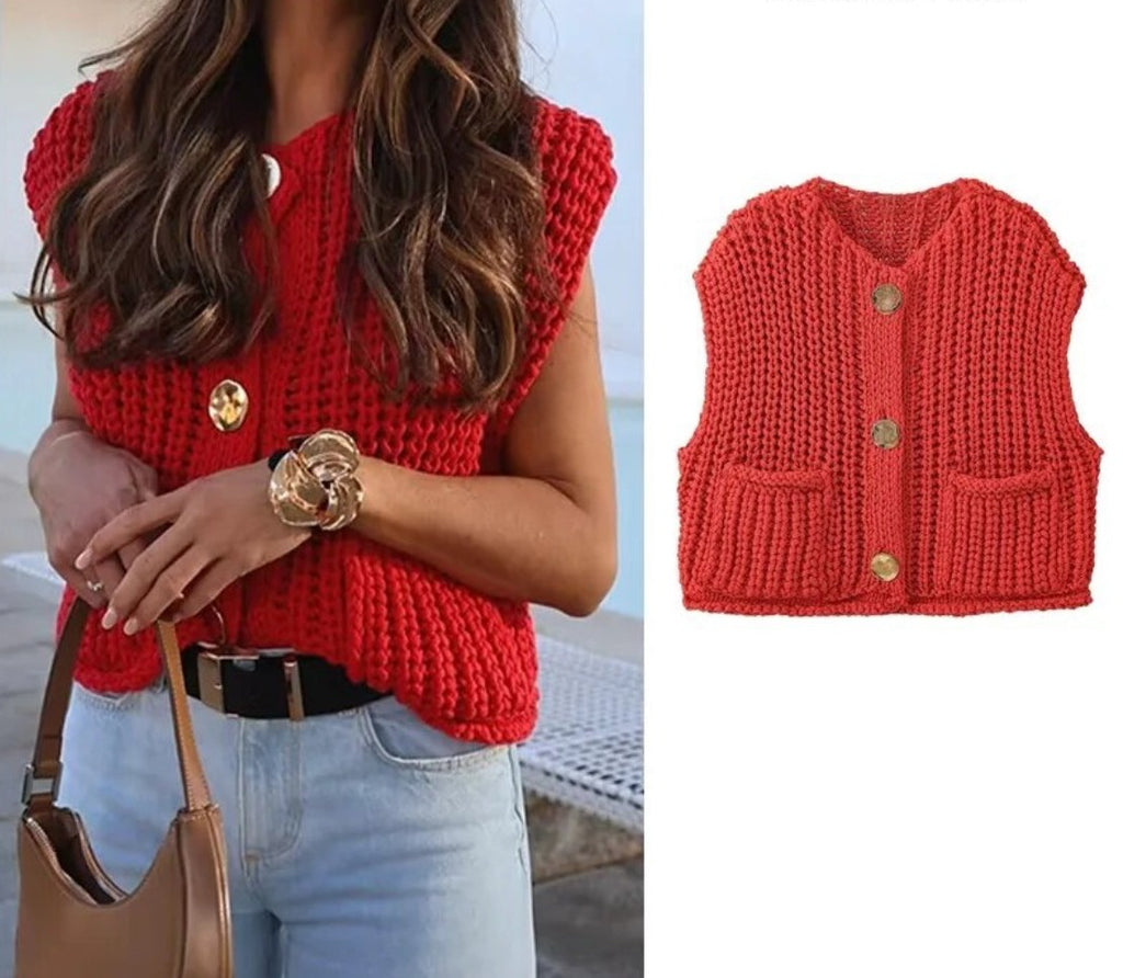 Red Knit Gilet with Gold Buttons