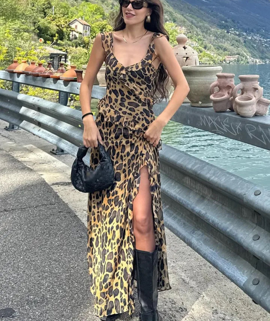 Ruffled Animal Print Long Dress