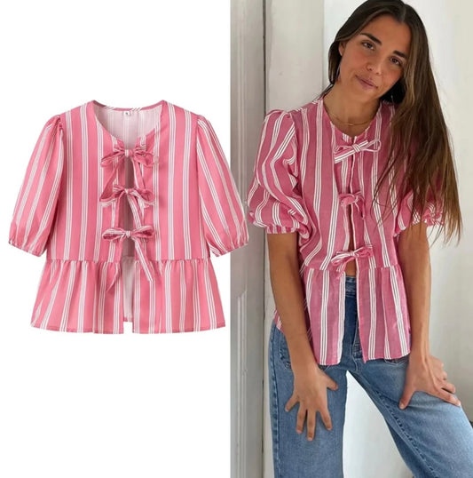 Stripes Puff Sleeve Peplum Bow Ties Blouse Top