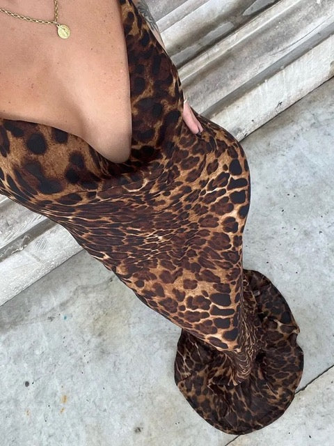 Leopard Cowl Neck Chiffon Sheer Maxi Long Sexy Dress