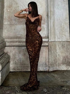 Leopard Cowl Neck Chiffon Sheer Maxi Long Sexy Dress