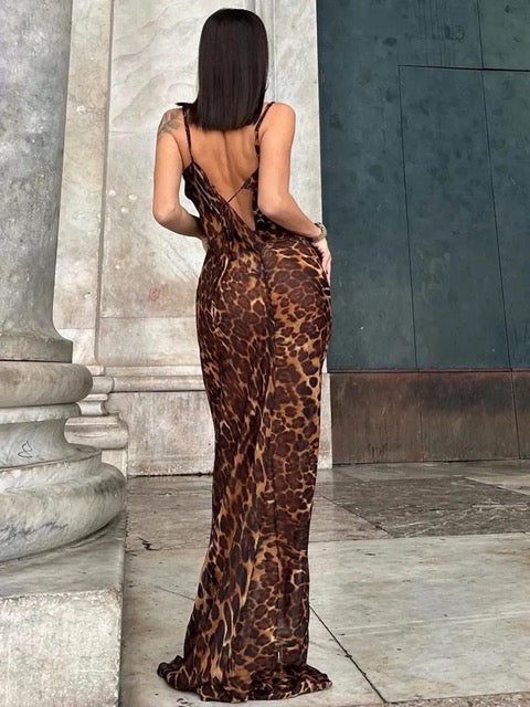 Leopard Cowl Neck Chiffon Sheer Maxi Long Sexy Dress