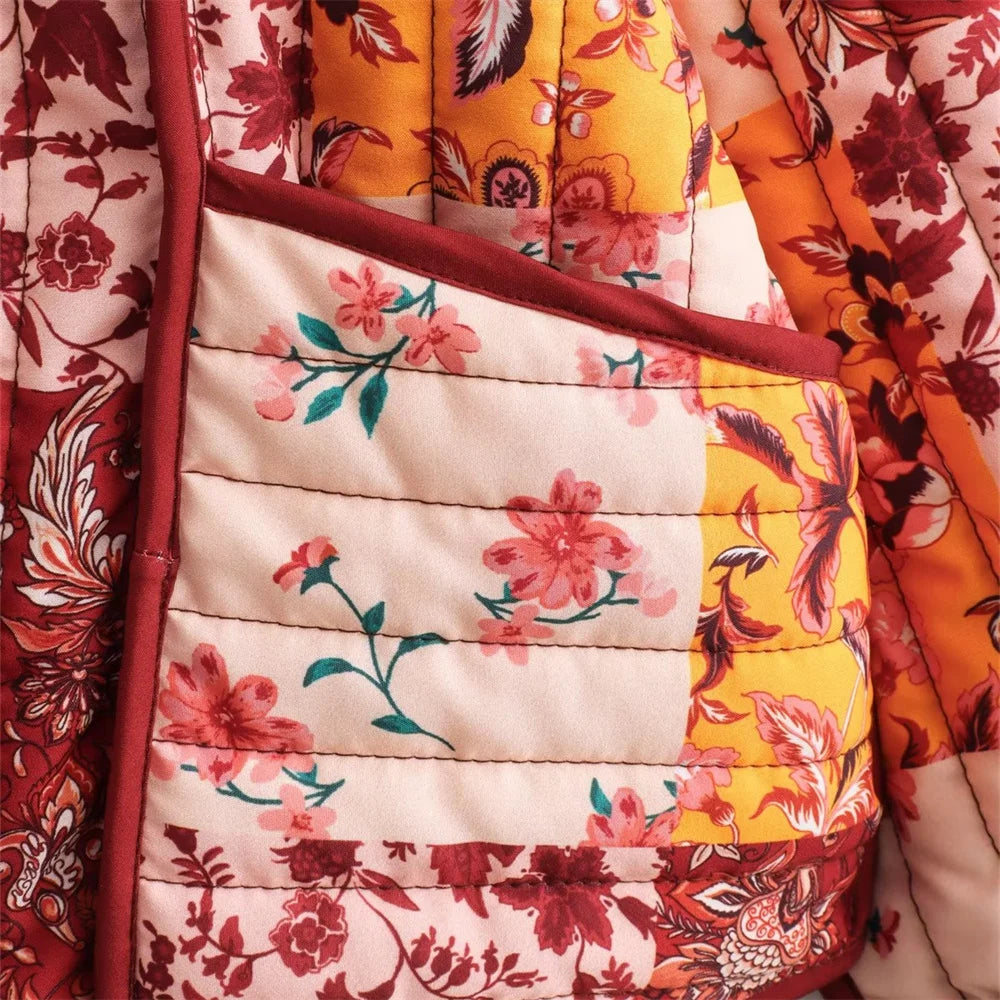 Quilted Warm Florals Patchwork Print Boho Jacket