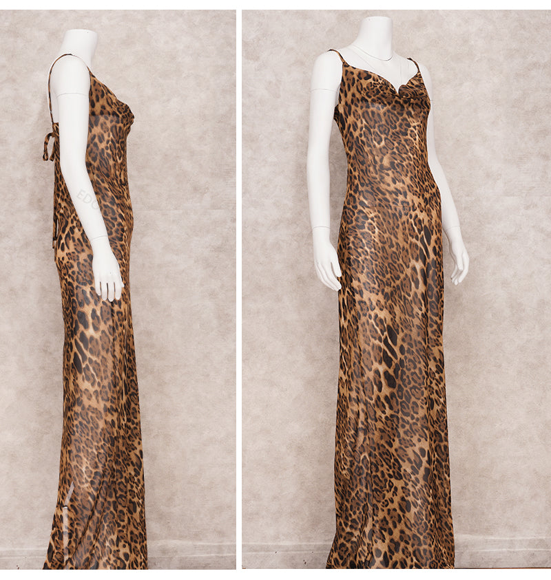 Leopard Cowl Neck Chiffon Sheer Maxi Long Sexy Dress