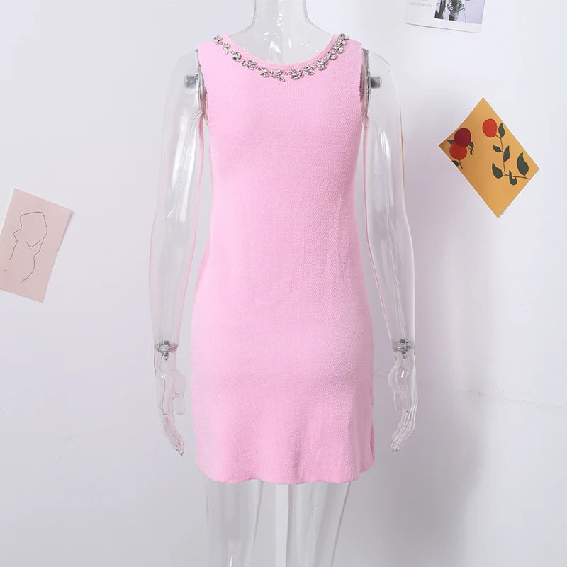 Rhinestone Aplique Pink Knit Mini Dress