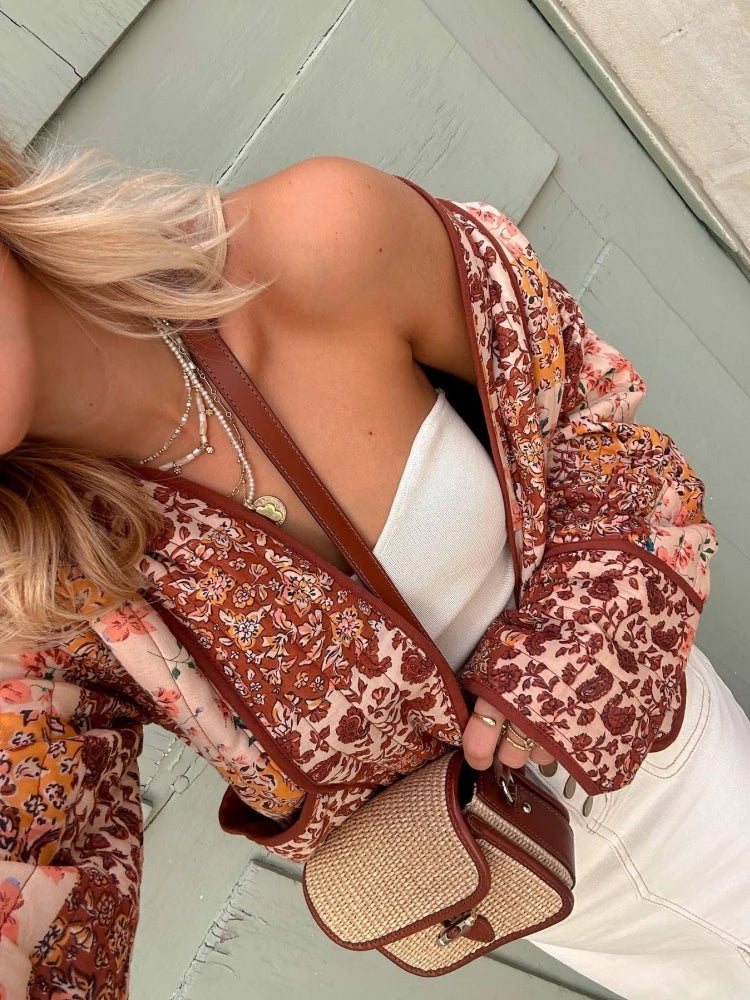 Quilted Warm Florals Patchwork Print Boho Jacket