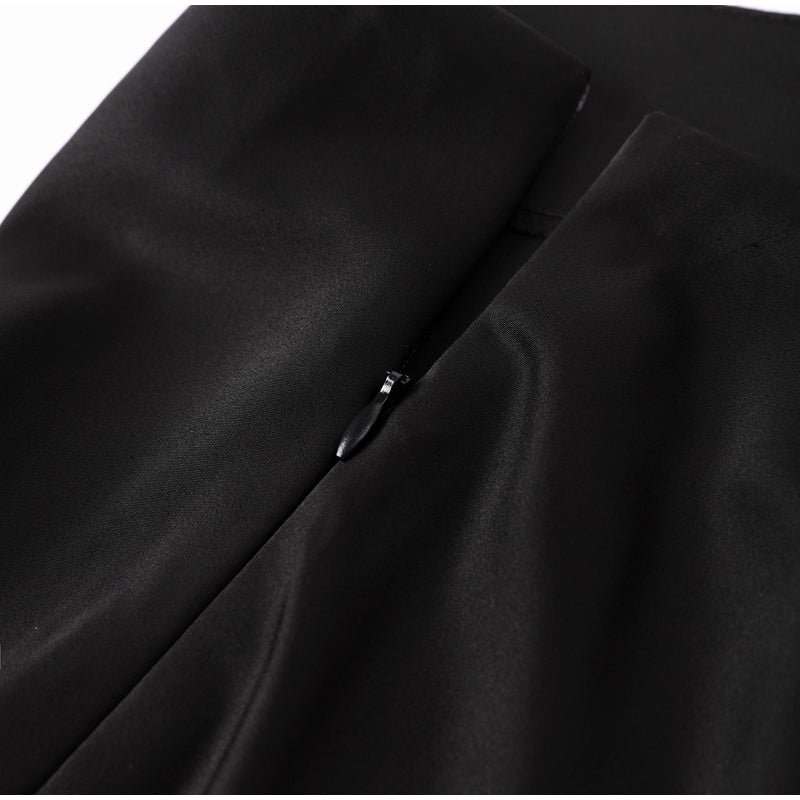 Long Black Skirt Satin High Waist Bias Cut Zip Skirt