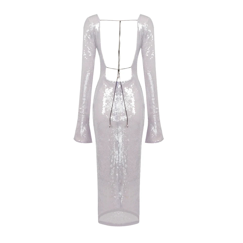 Sequins Long Sleeve Cutout Neck String Dress