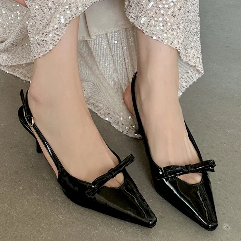 Patent Faux Leather Kitten Heel Slingback Shoes