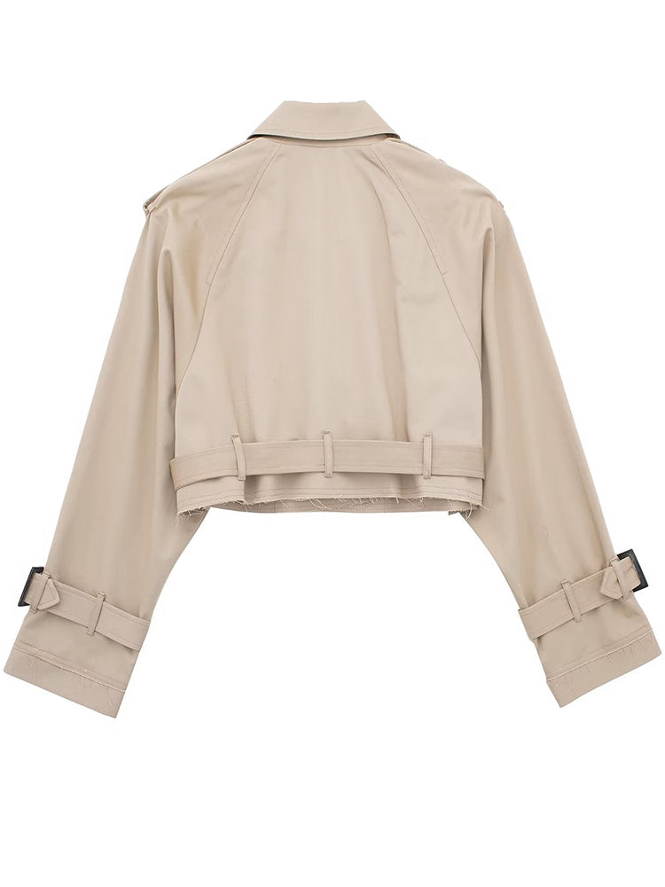 Khaki Cropped Trench Long Sleeves Frayed Detail Jacket