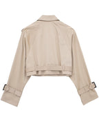 Khaki Cropped Trench Long Sleeves Frayed Detail Jacket
