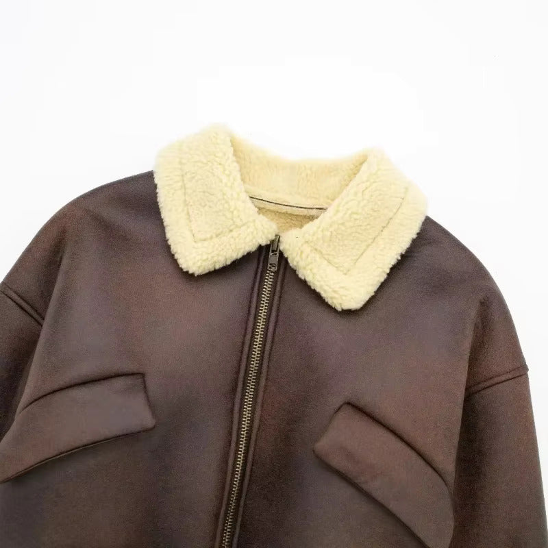 Cropped Faux Leather Bomber Jacket with Fleece