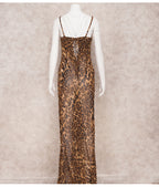Leopard Cowl Neck Chiffon Sheer Maxi Long Sexy Dress