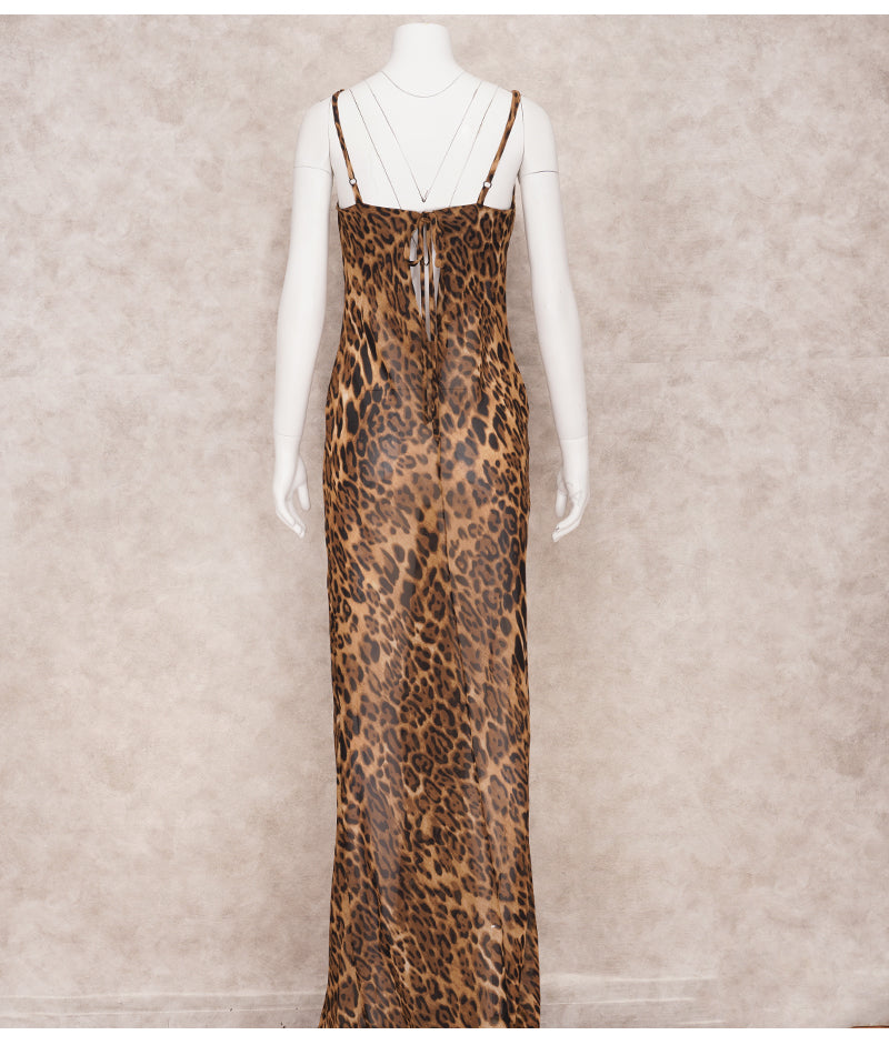 Leopard Cowl Neck Chiffon Sheer Maxi Long Sexy Dress
