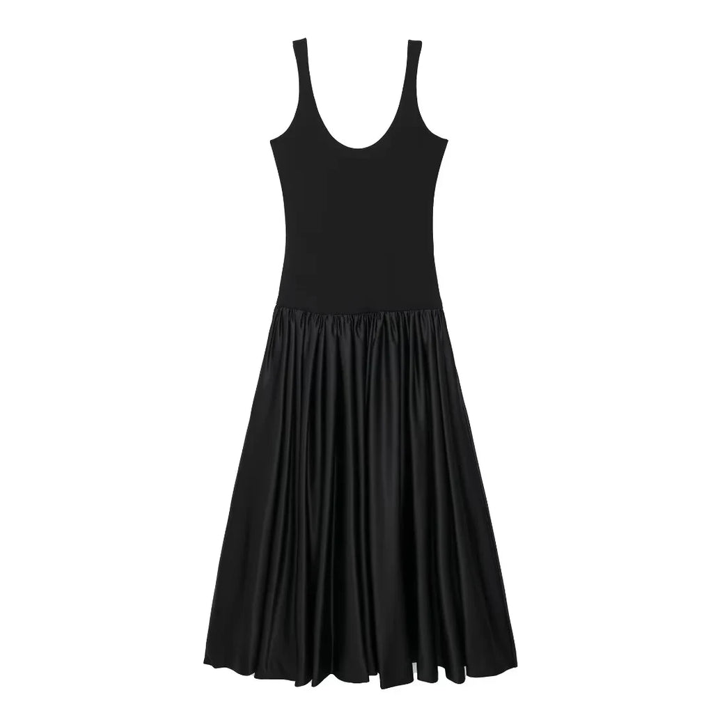 Jersey and Satin Drop Waist Black Vest Dress