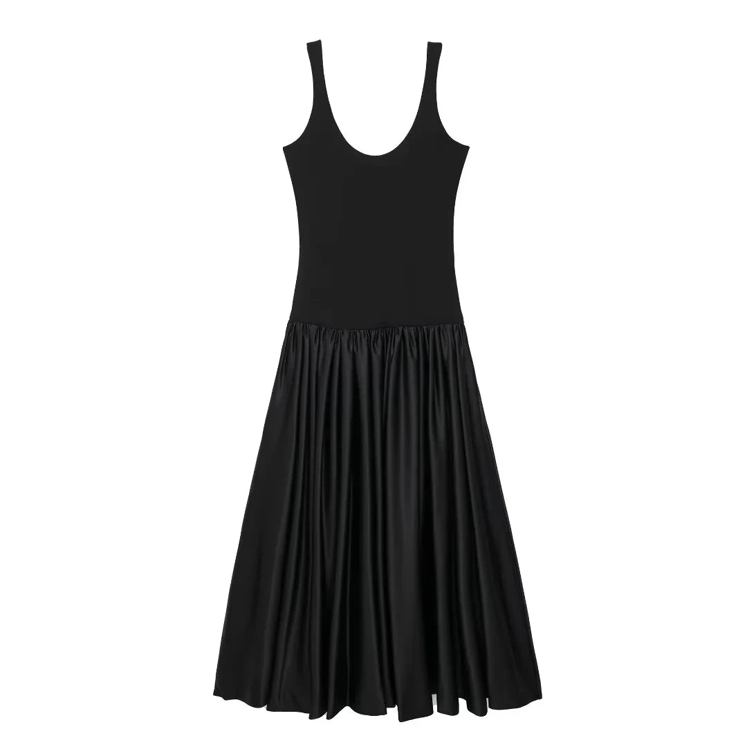 Jersey and Satin Drop Waist Black Vest Dress