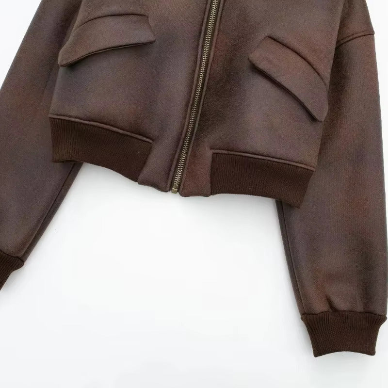 Cropped Faux Leather Bomber Jacket with Fleece