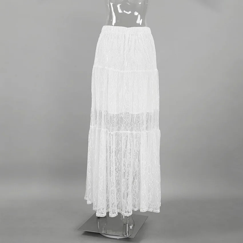 White Lace Layered Tiered Maxi Skirt