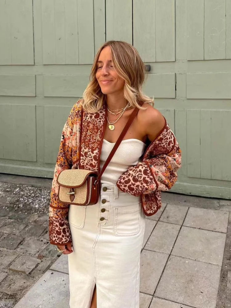 Quilted Warm Florals Patchwork Print Boho Jacket