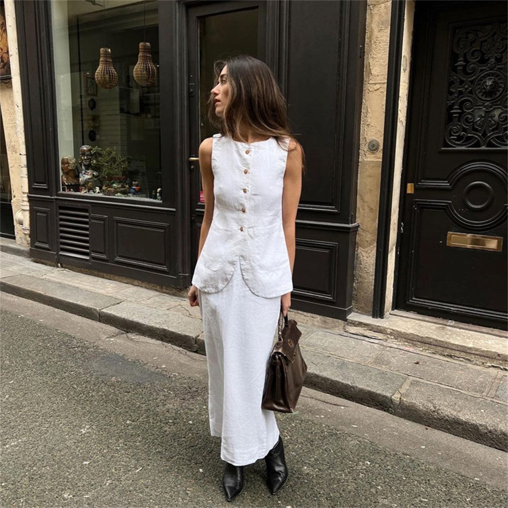 White linen skirt suit sales