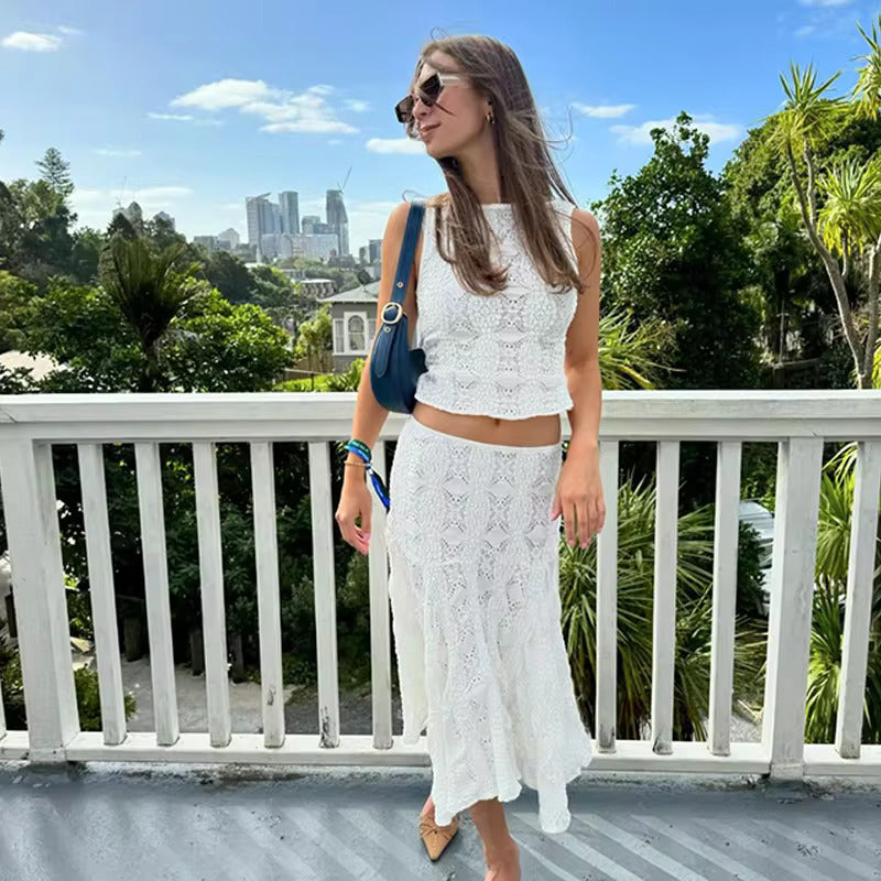 White Lace Crop Top & Skirt Set