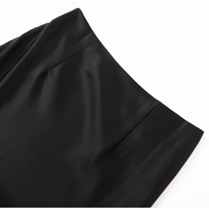 Long Black Skirt Satin High Waist Bias Cut Zip Skirt