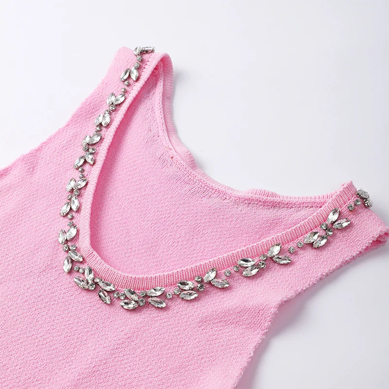 Rhinestone Aplique Pink Knit Mini Dress