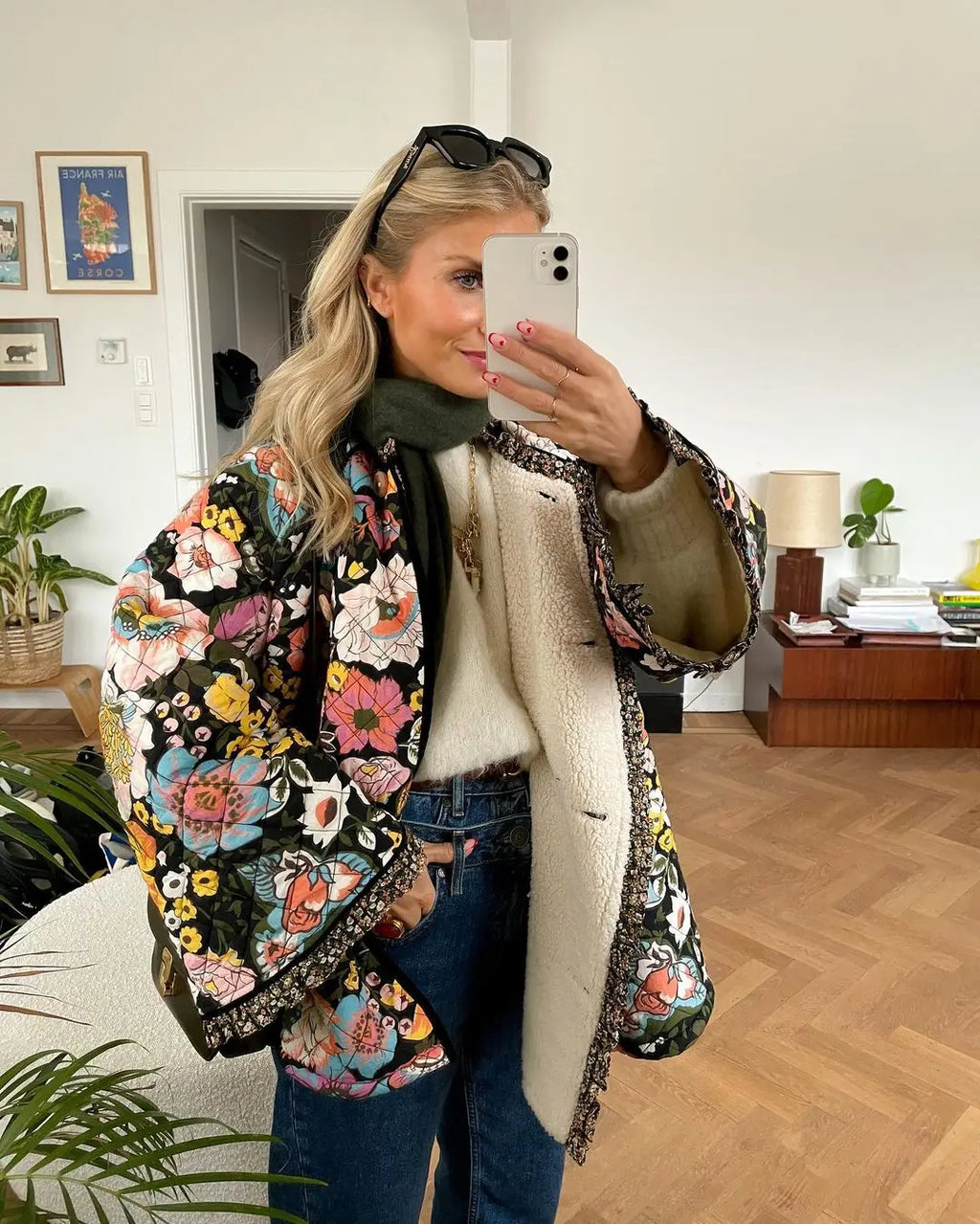 Floral Quilted Kimono Faux Shearling Jacket