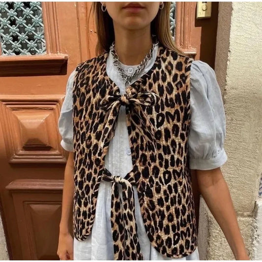 Leopard Print Gilet Waistcoat with Ties