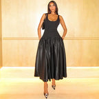 Jersey and Satin Drop Waist Black Vest Dress