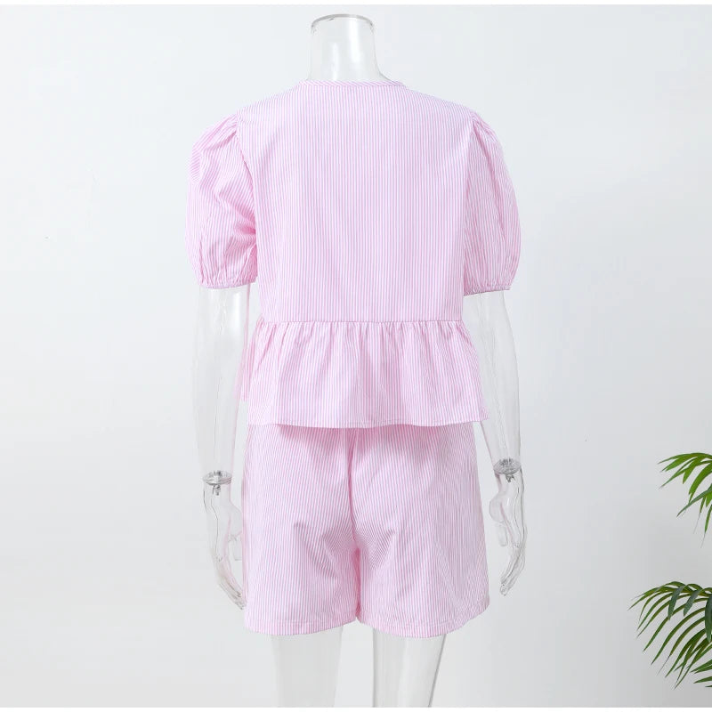 Pink Casual Pyjamas Style Set Blouse and Shorts