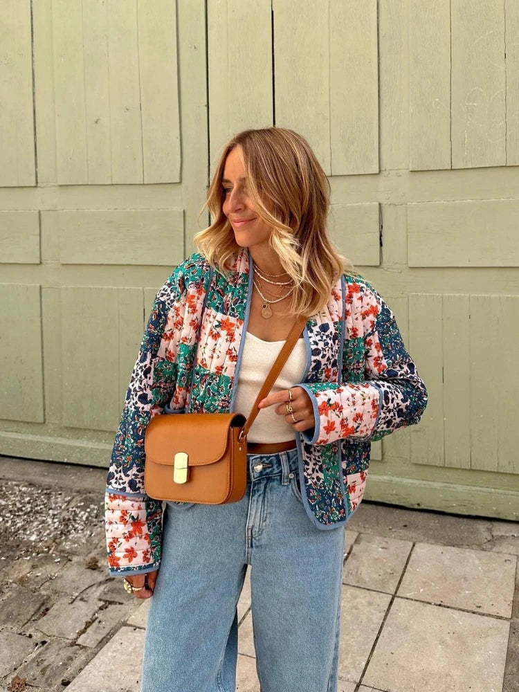 Quilted Warm Florals Patchwork Print Boho Jacket