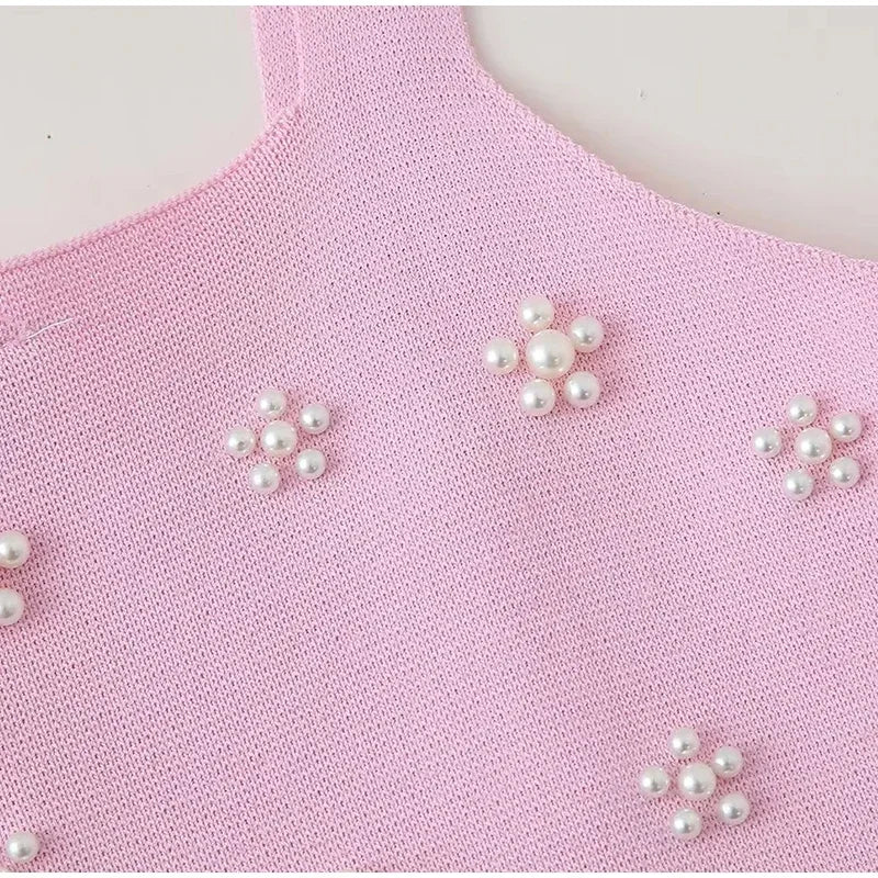 Knit Pink Pearl Aplique Mini Dress