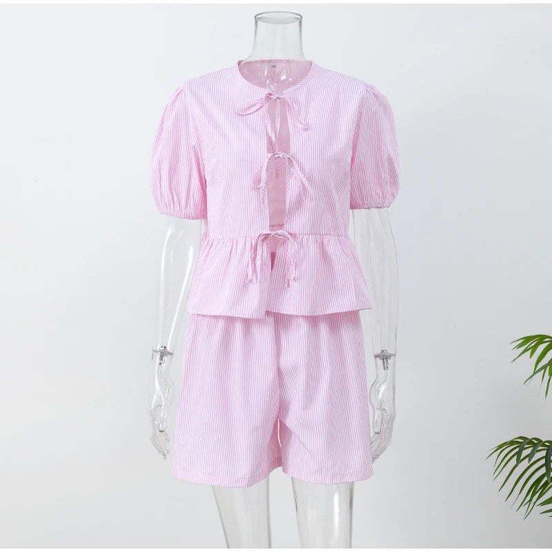 Pink Casual Pyjamas Style Set Blouse and Shorts