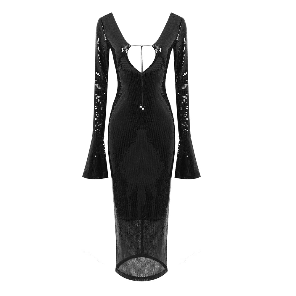 Sequins Long Sleeve Cutout Neck String Dress