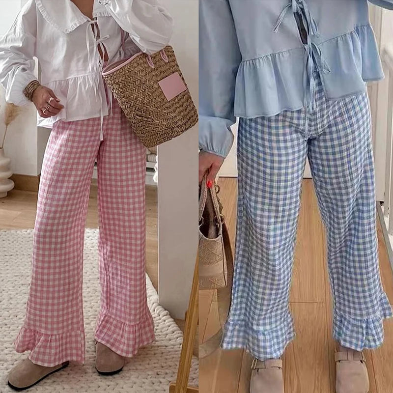 Gingham Trousers with Frill Hem