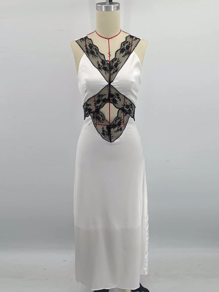White Satin Dress with Black Lace Cutout Detail