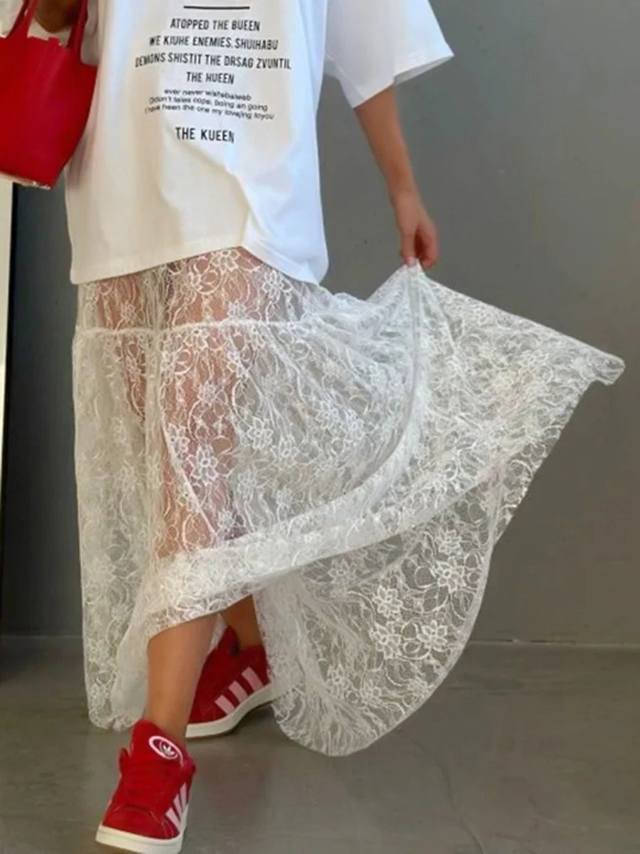 White Lace Layered Tiered Maxi Skirt