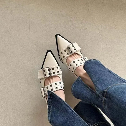 Beige/White Pointed Toe Buckle Slingback Mules