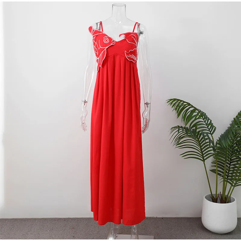 Koi Fish Appliqué Red Long Dress