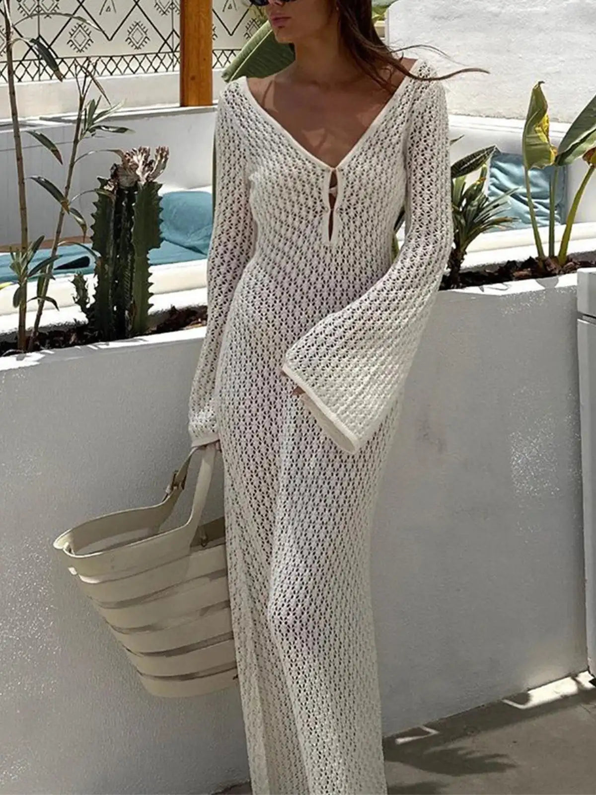 Long Sleeves Knit Beach Dress with Metal Hook Detail