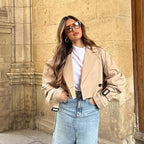 Khaki Cropped Trench Long Sleeves Frayed Detail Jacket