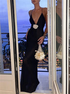 Deep V Flower Apliqué Sheer Dress