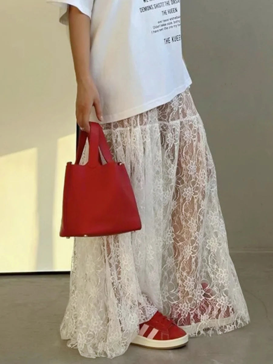 White Lace Layered Tiered Maxi Skirt