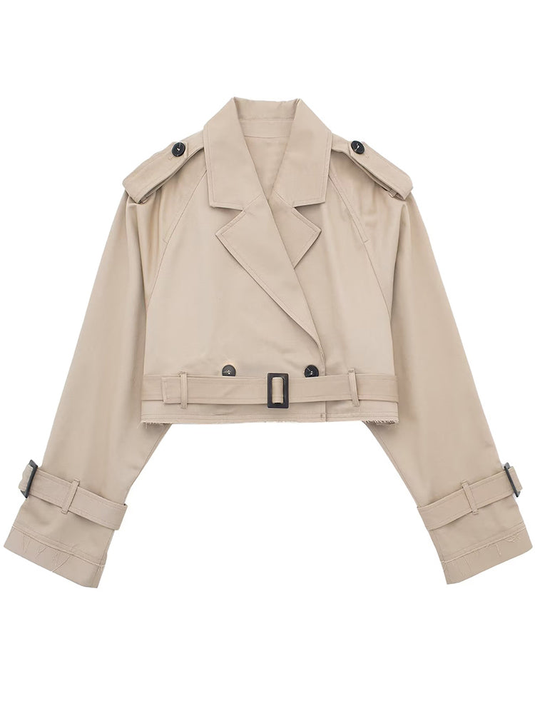 Khaki Cropped Trench Long Sleeves Frayed Detail Jacket